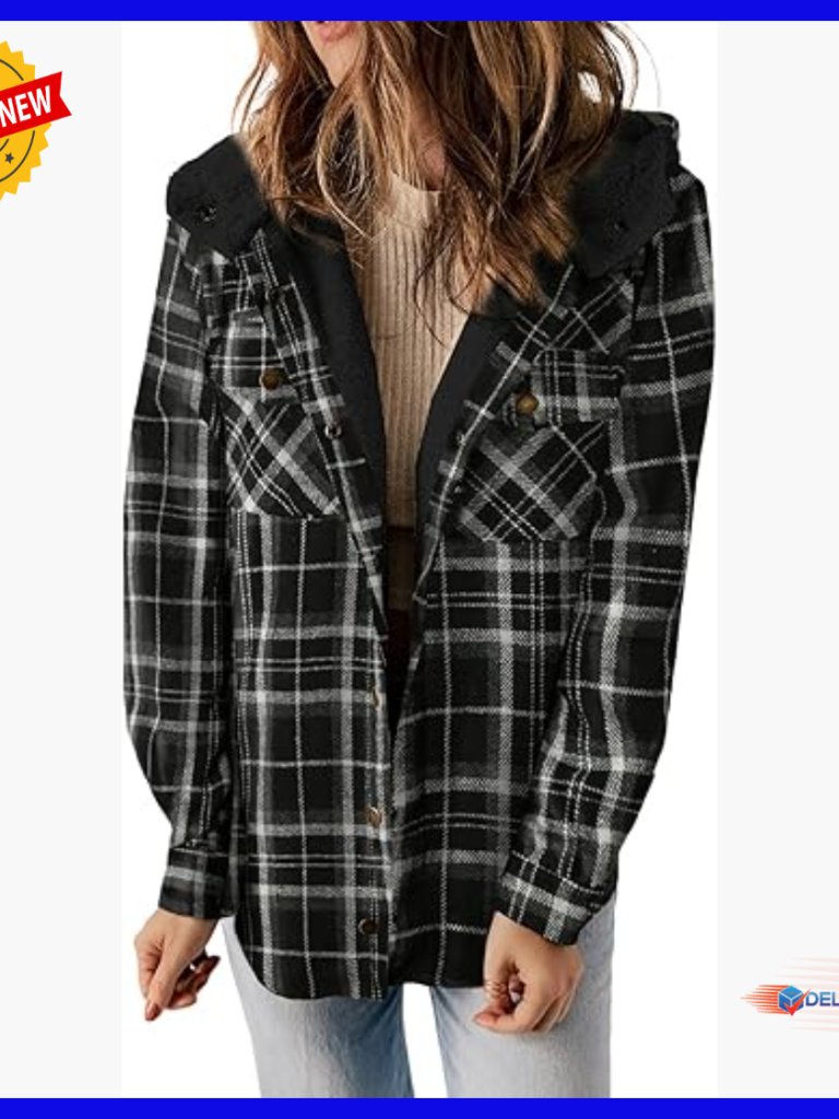 Fleece Lined Plaid Shacket Hooded Jacket Loose Fit Long Sleeve Button Down